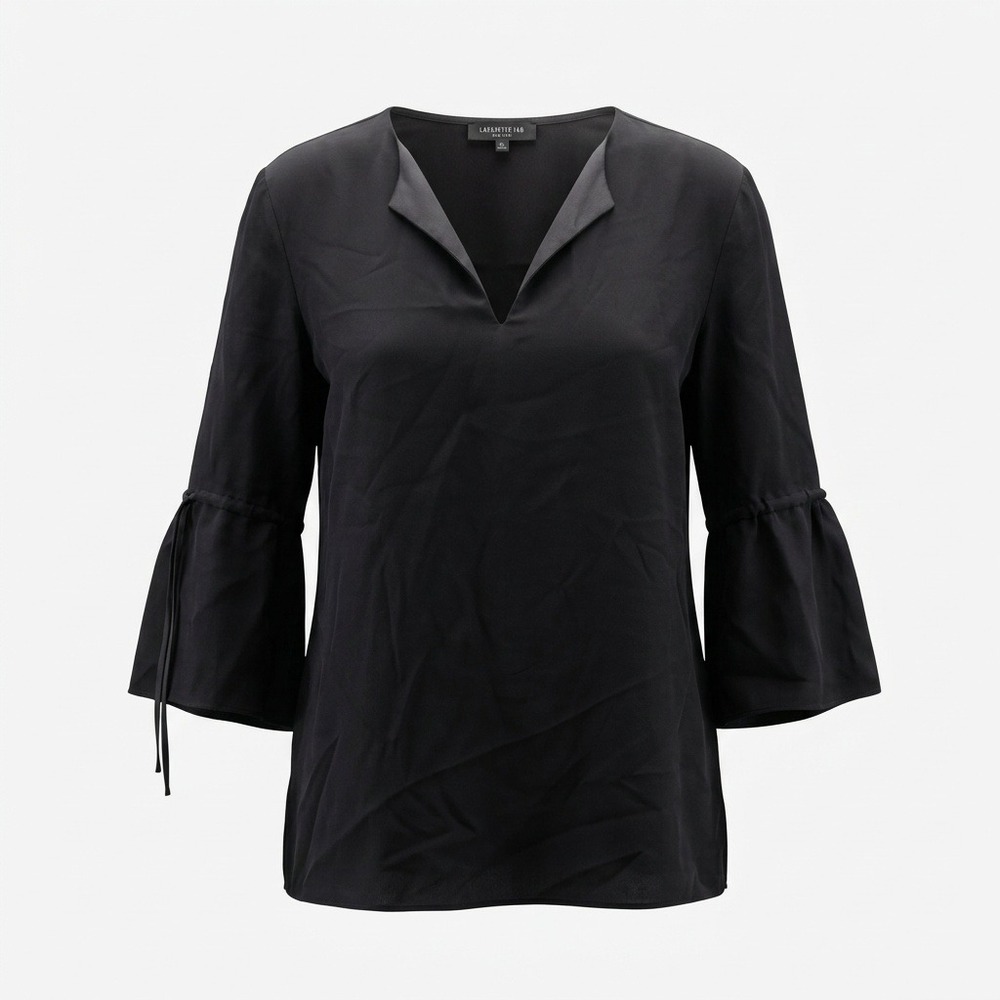 Lafayette 148 New York Black Silk Bell Sleeve Tie Blouse Medium V-Neck Top